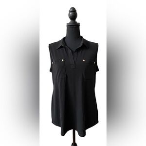 Jones New York: Black Sleeveless Polo Collar Button Down Blouse